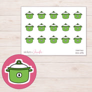 Green Slow Cooker Planner Stickers | DDZ-4193 — 4 × 3 inch sheet and enlarged sticker detail