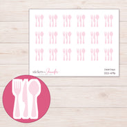 Pale Pink Fork and Spoon Planner Stickers | DDZ-4196 — 4 × 3 inch sheet and enlarged sticker detail