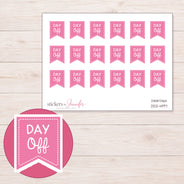 Pink Day Off Flag Planner Stickers | DDZ-4197 — 4 × 3 inch sheet and enlarged sticker detail