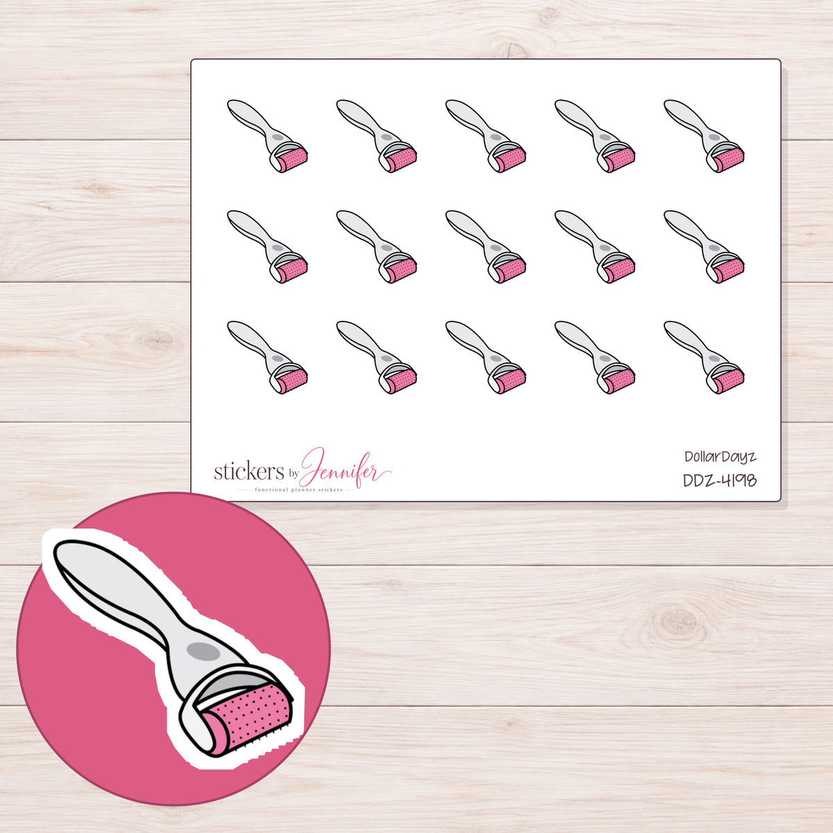 Pink Skin Roller Planner Stickers | DDZ-4198 — 4 × 3 inch sheet and enlarged sticker detail