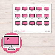 Pink Screen Desktop Computer Planner Stickers | DDZ-4199 — 4 × 3 inch sheet and enlarged sticker detail