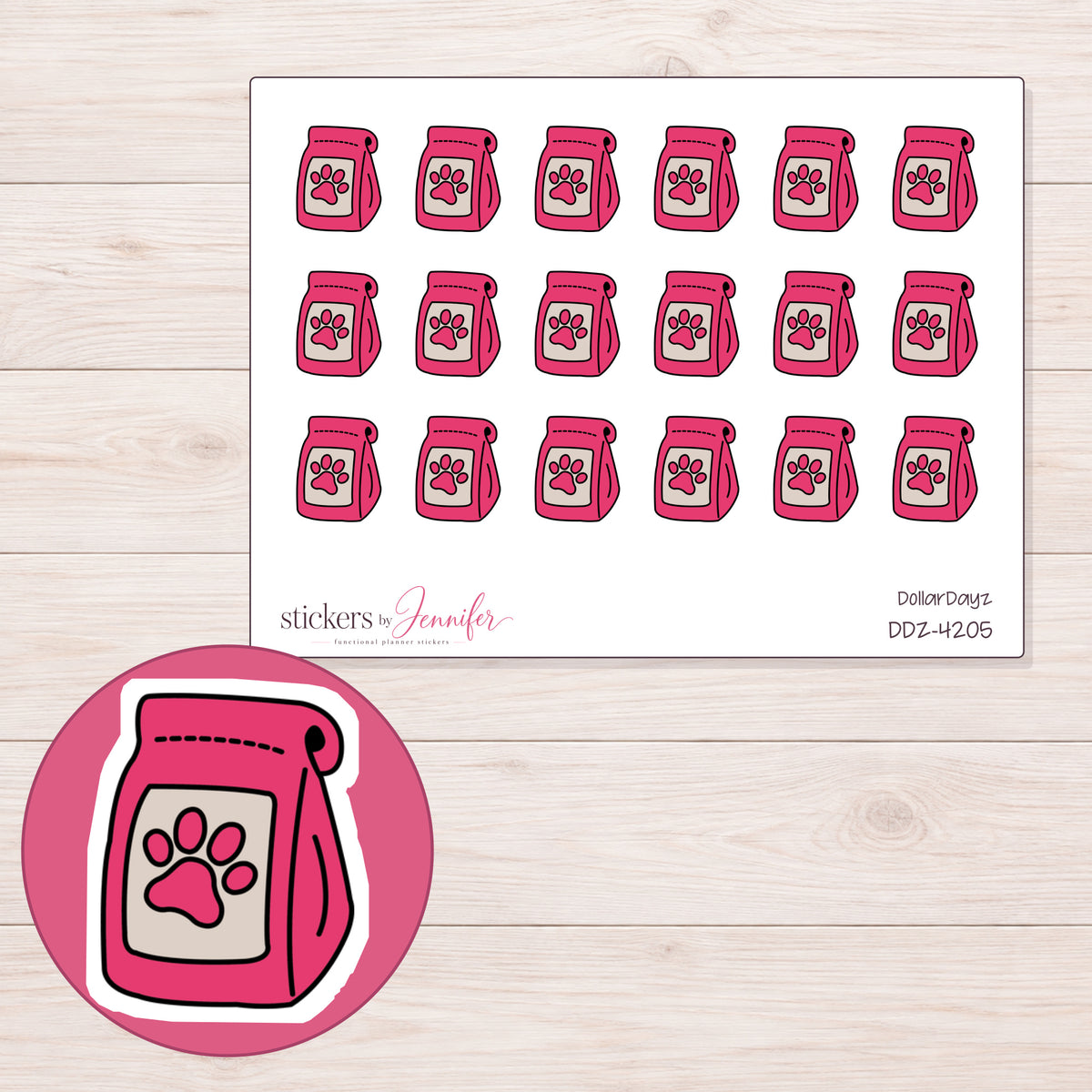 Pink Dog Food Bag Planner Stickers | DDZ-4205 — 4 × 3 inch sheet and enlarged sticker detail