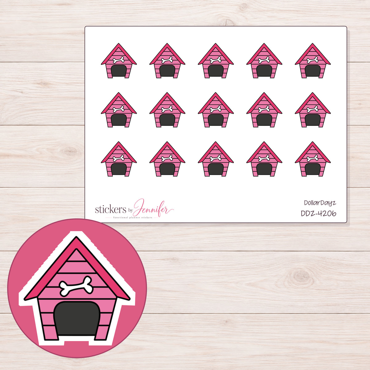 Pink Doghouse Planner Stickers | DDZ-4206 — 4 × 3 inch sheet and enlarged sticker detail