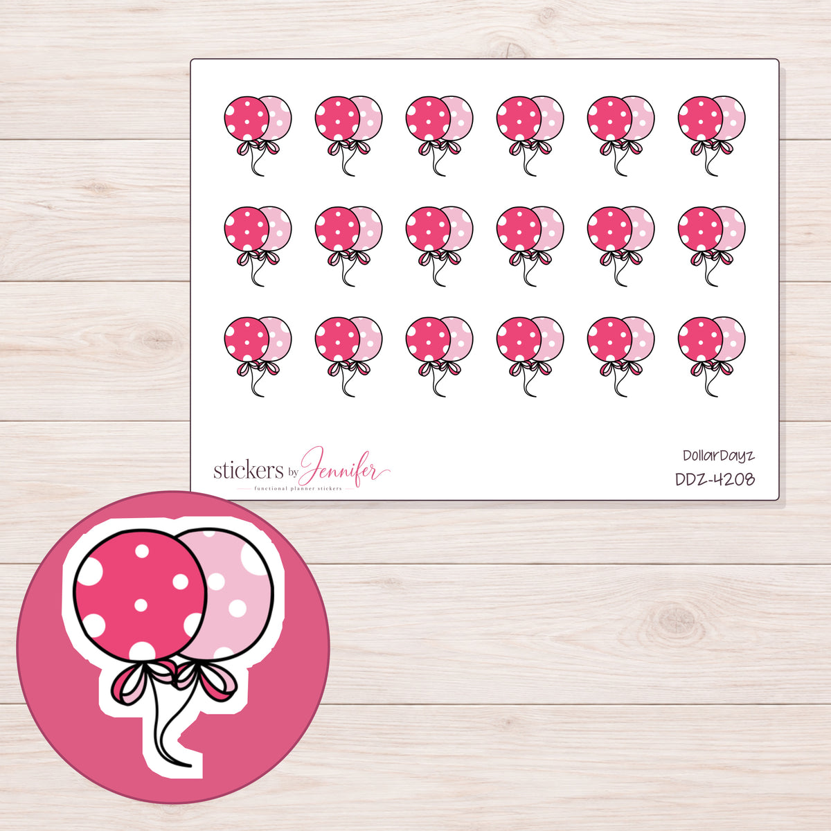 Pink Polka Dot Balloons Planner Stickers | DDZ-4208 — 4 × 3 inch sheet and enlarged sticker detail