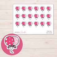 Pink Polka Dot Balloons Planner Stickers | DDZ-4208 — 4 × 3 inch sheet and enlarged sticker detail
