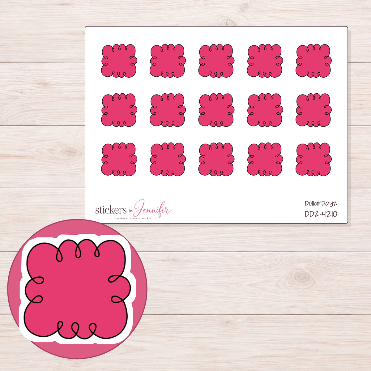 Pink Curly Cloud Label Planner Stickers | DDZ-4210 — 4 × 3 inch sheet and enlarged sticker detail