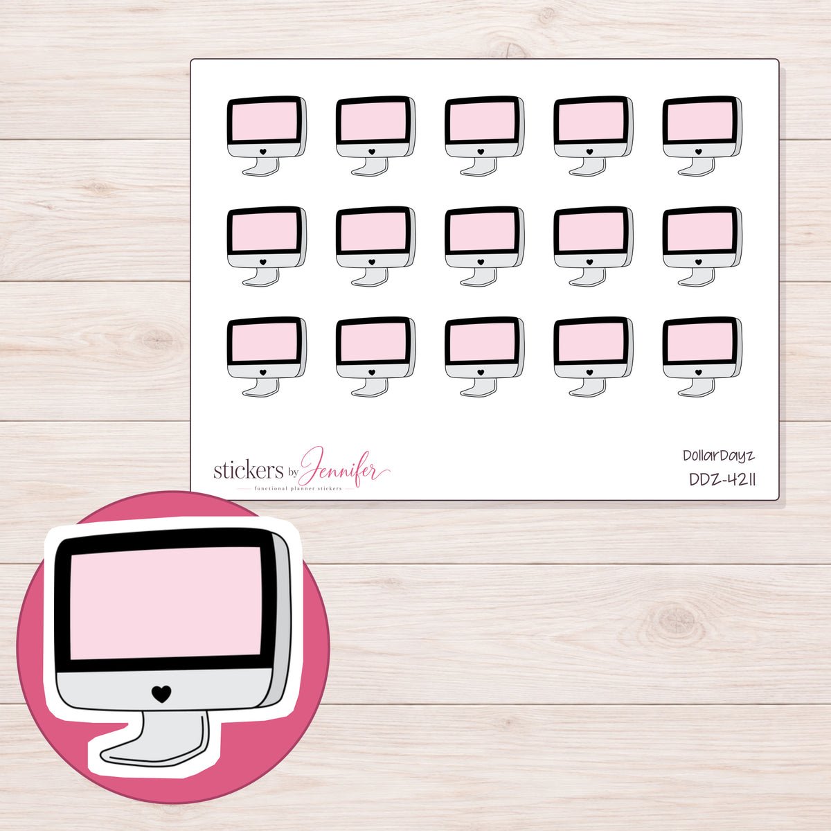 Pale Pink Doodle Desktop Computer Planner Stickers | DDZ-4211 — 4 × 3 inch sheet and enlarged sticker detail