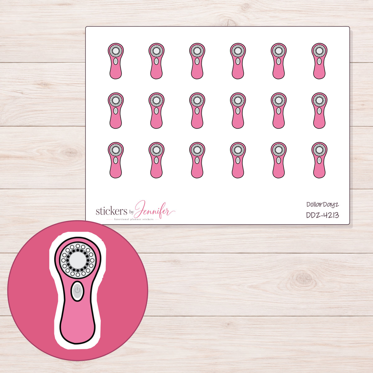 Pink Facial Cleansing Brush Planner Stickers | DDZ-4213 — 4 × 3 inch sheet and enlarged sticker detail