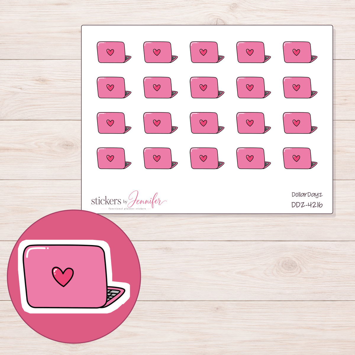 Pink Doodle Heart Laptop Planner Stickers | DDZ-4216 — 4 × 3 inch sheet and enlarged sticker detail