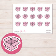 Pink Open Shipping Box Planner Stickers | DDZ-4217 — 4 × 3 inch sheet and enlarged sticker detail