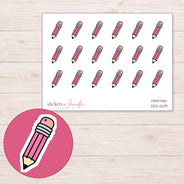 Pink Doodle Pencil Planner Stickers | DDZ-4219 — 4 × 3 inch sheet and enlarged sticker detail