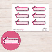 Pink Bow Quarter Box Label Planner Stickers | DDZ-4220 — 4 × 3 inch sheet and enlarged sticker detail