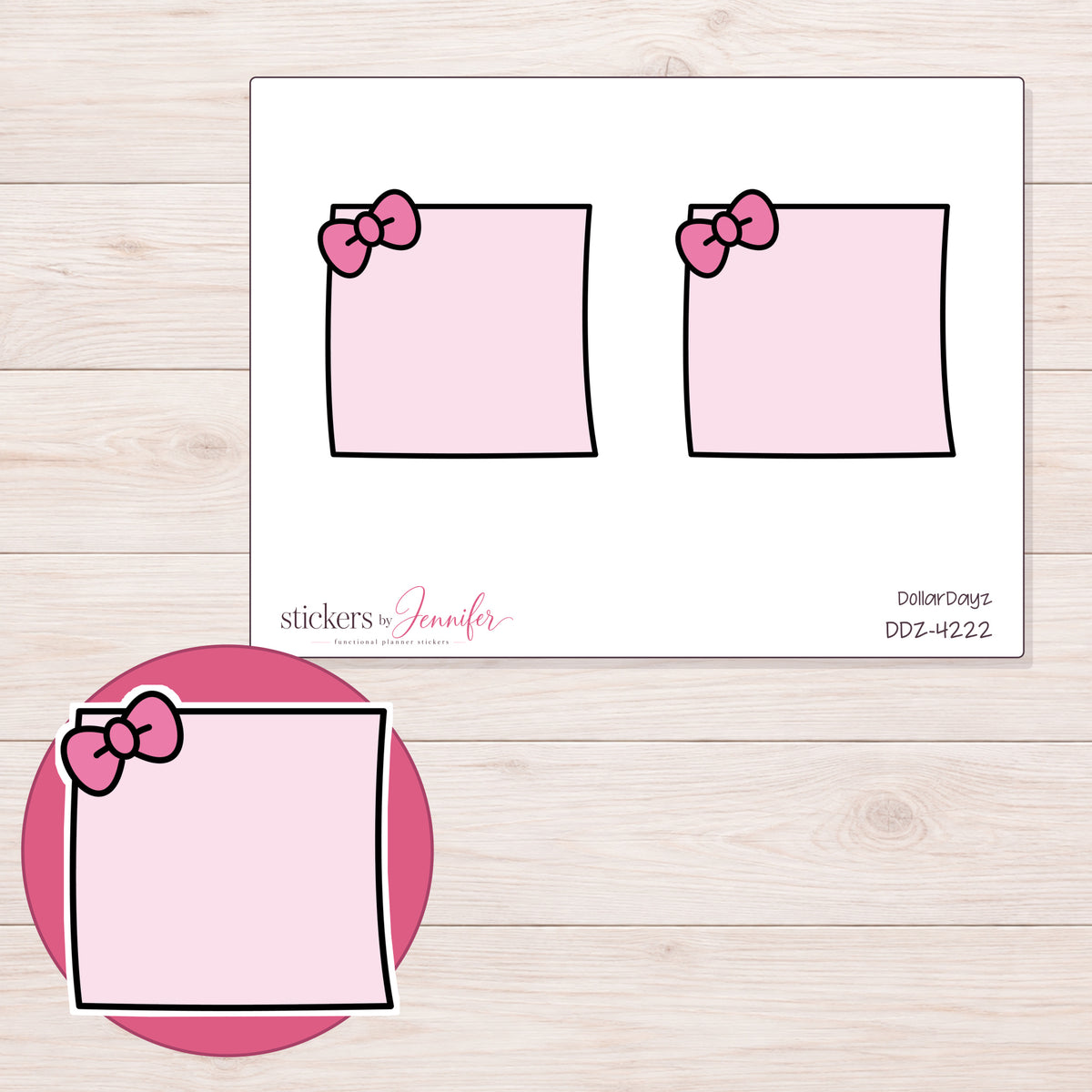 Pink Bow Note Planner Stickers | DDZ-4222 — 4 × 3 inch sheet and enlarged sticker detail