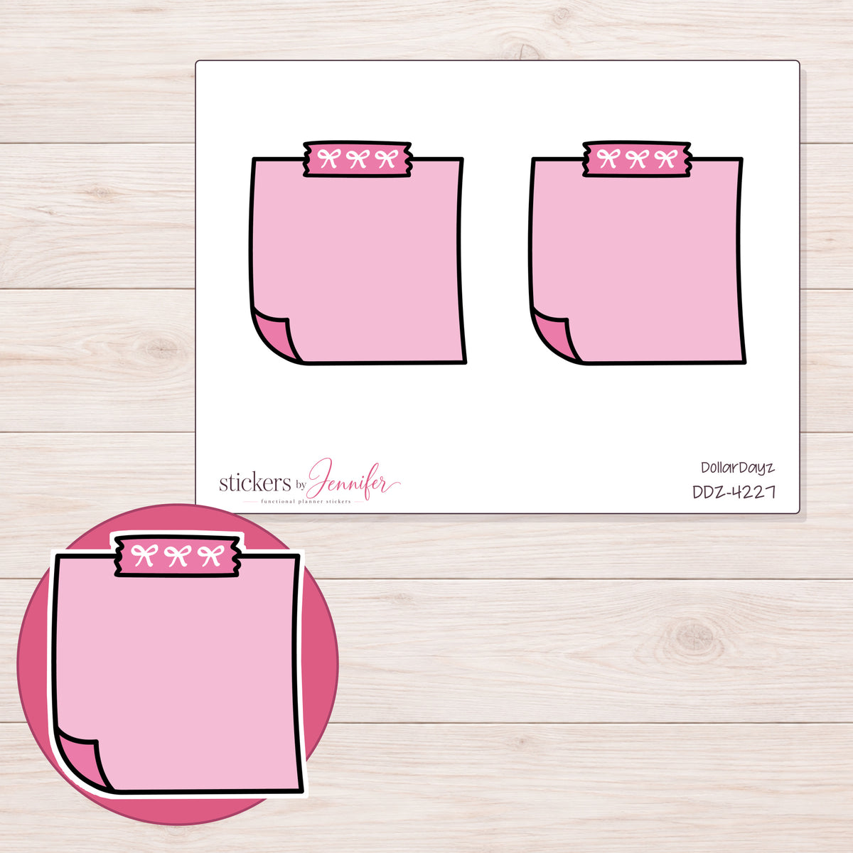Pink Top-Tape Note Planner Stickers | DDZ-4227 — 4 × 3 inch sheet and enlarged sticker detail