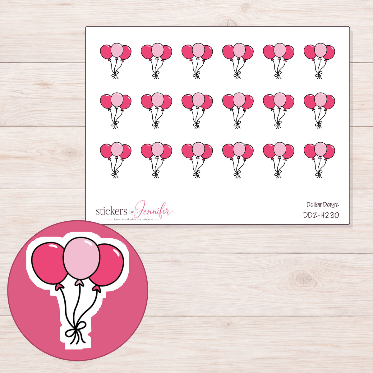 Three Pink Balloons Planner Stickers | DDZ-4230 — 4 × 3 inch sheet and enlarged sticker detail