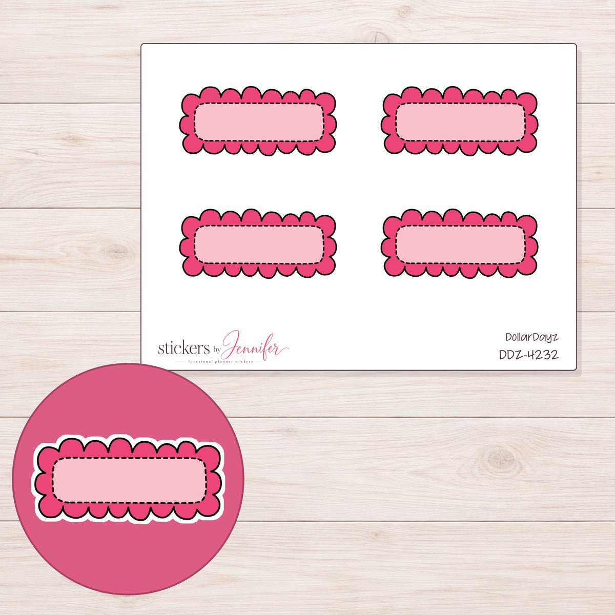 Pink Doodle Scallop Quarter Box Planner Stickers | DDZ-4232 — 4 × 3 inch sheet and enlarged sticker detail