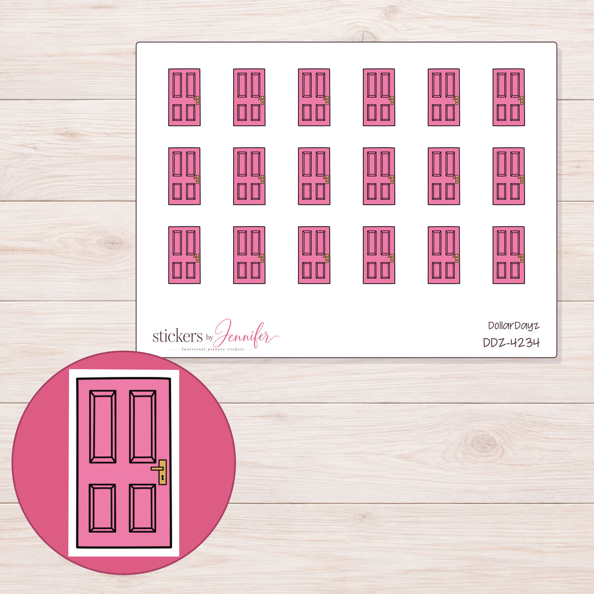 Pink Front Door Planner Stickers | DDZ-4234 — 4 × 3 inch sheet and enlarged sticker detail