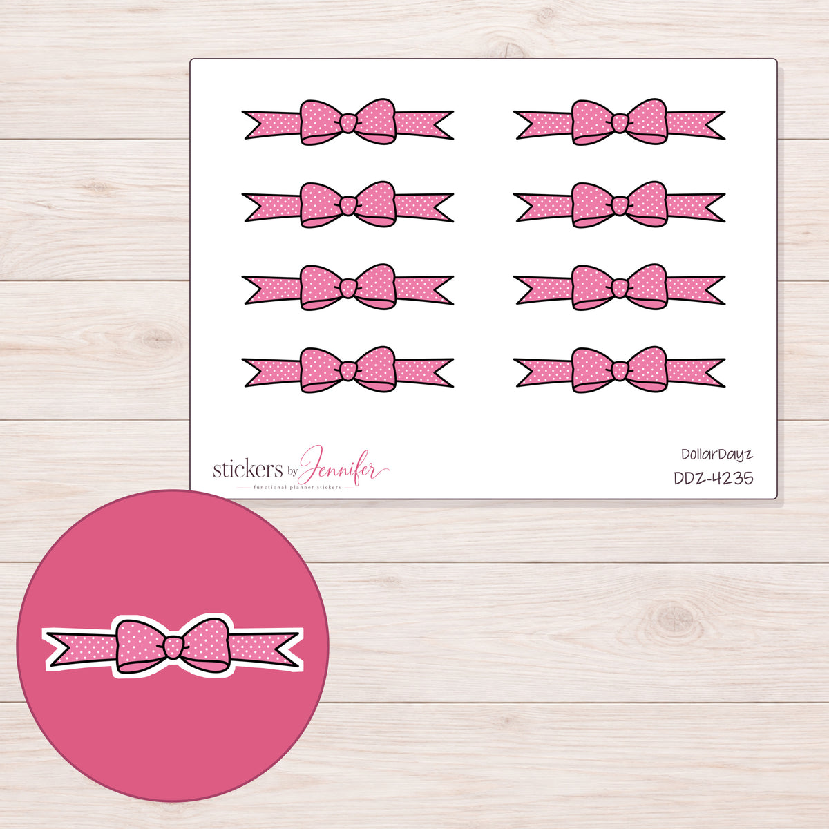 Pink Polka Dot Bow Divider Planner Stickers | DDZ-4235 — 4 × 3 inch sheet and enlarged sticker detail