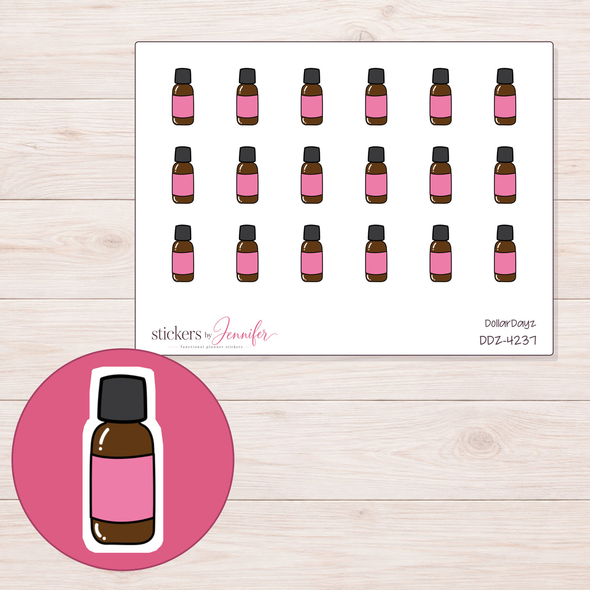 Pink Label Essential Oil Bottle Planner Stickers | DDZ-4237 — 4 × 3 inch sheet and enlarged sticker detail