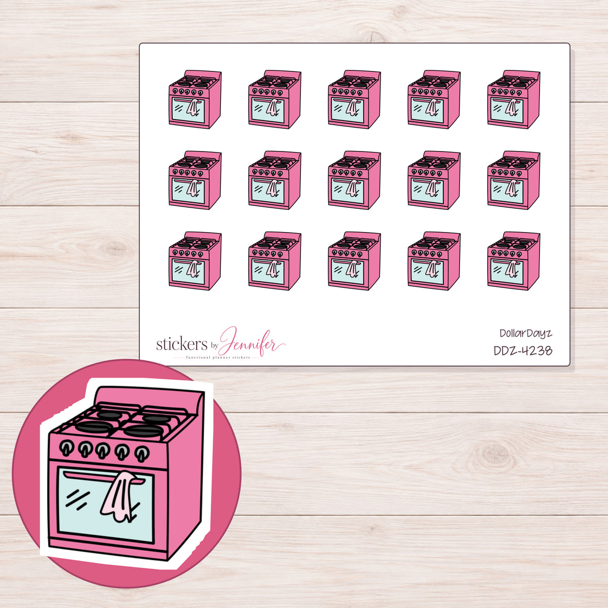 Pink Kitchen Stove Planner Stickers | DDZ-4238 — 4 × 3 inch sheet and enlarged sticker detail