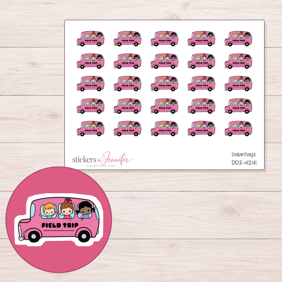 Pink Field Trip Lettered Bus Planner Stickers | DDZ-4241 — 4 × 3 inch sheet and enlarged sticker detail