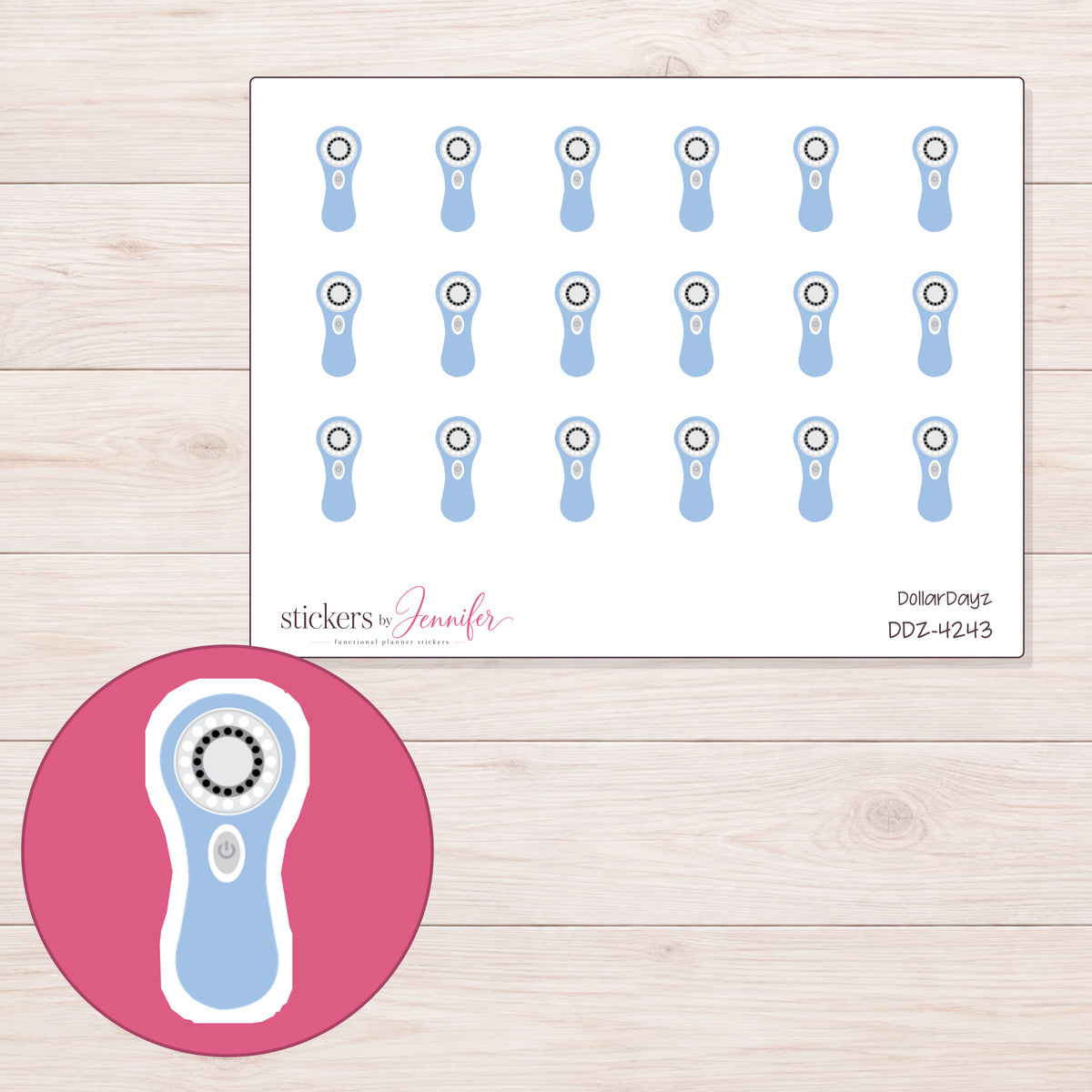 Pale Blue Facial Cleansing Brush Planner Stickers | DDZ-4243 — 4 × 3 inch sheet and enlarged sticker detail