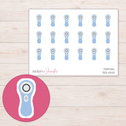 Pale Blue Facial Cleansing Brush Planner Stickers | DDZ-4243 — 4 × 3 inch sheet and enlarged sticker detail