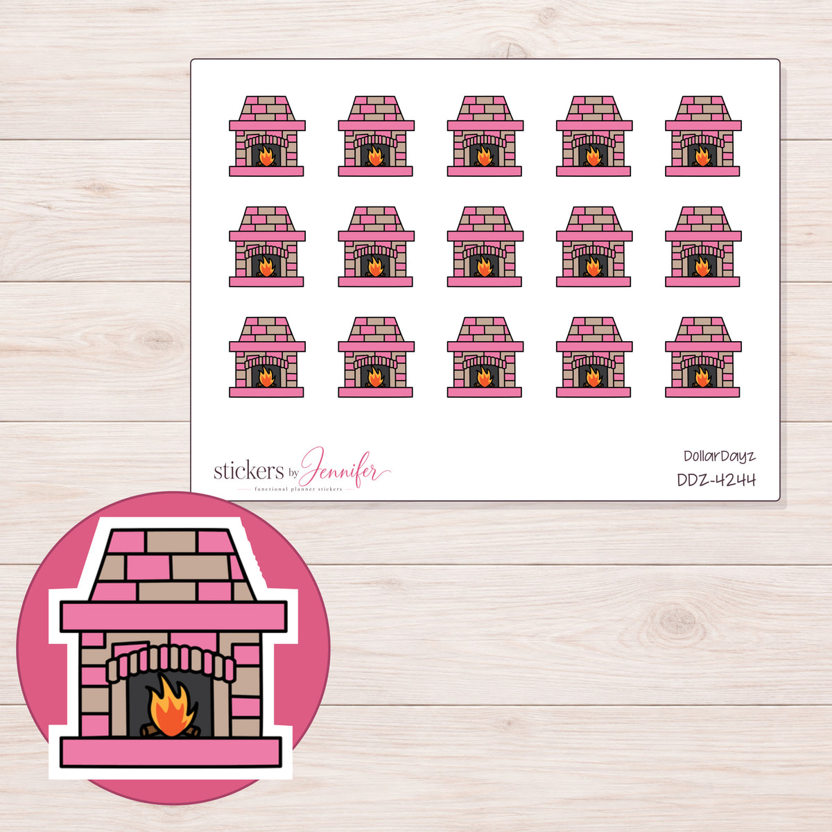 Pink Brick Fireplace Planner Stickers | DDZ-4244 — 4 × 3 inch sheet and enlarged sticker detail