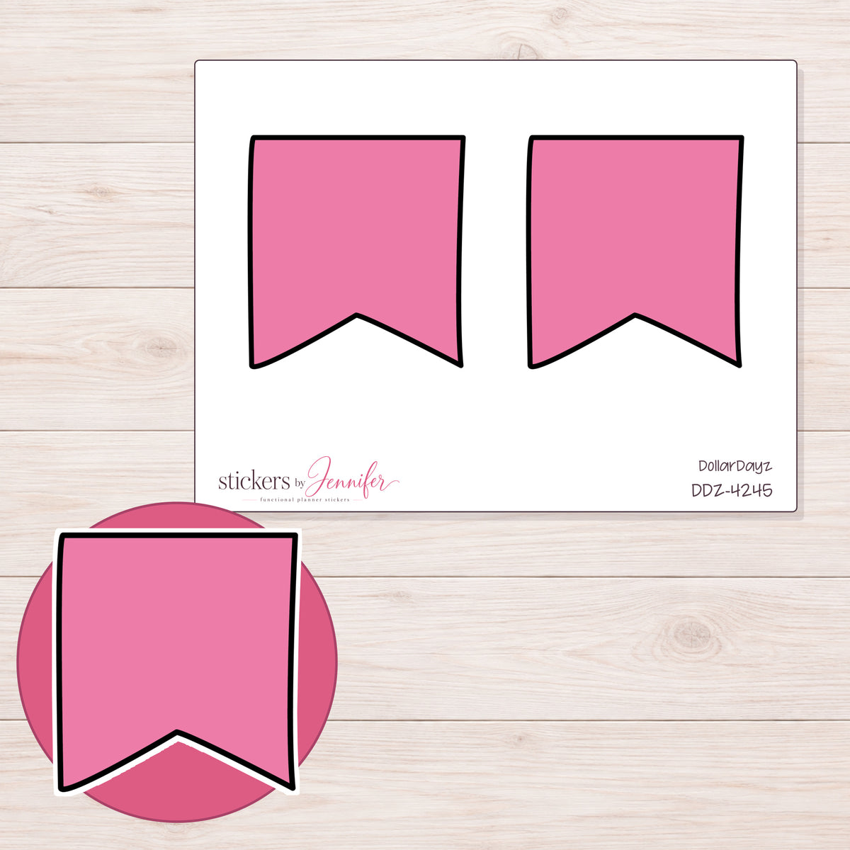 Pink Fishtail Flag Planner Stickers | DDZ-4245 — 4 × 3 inch sheet and enlarged sticker detail