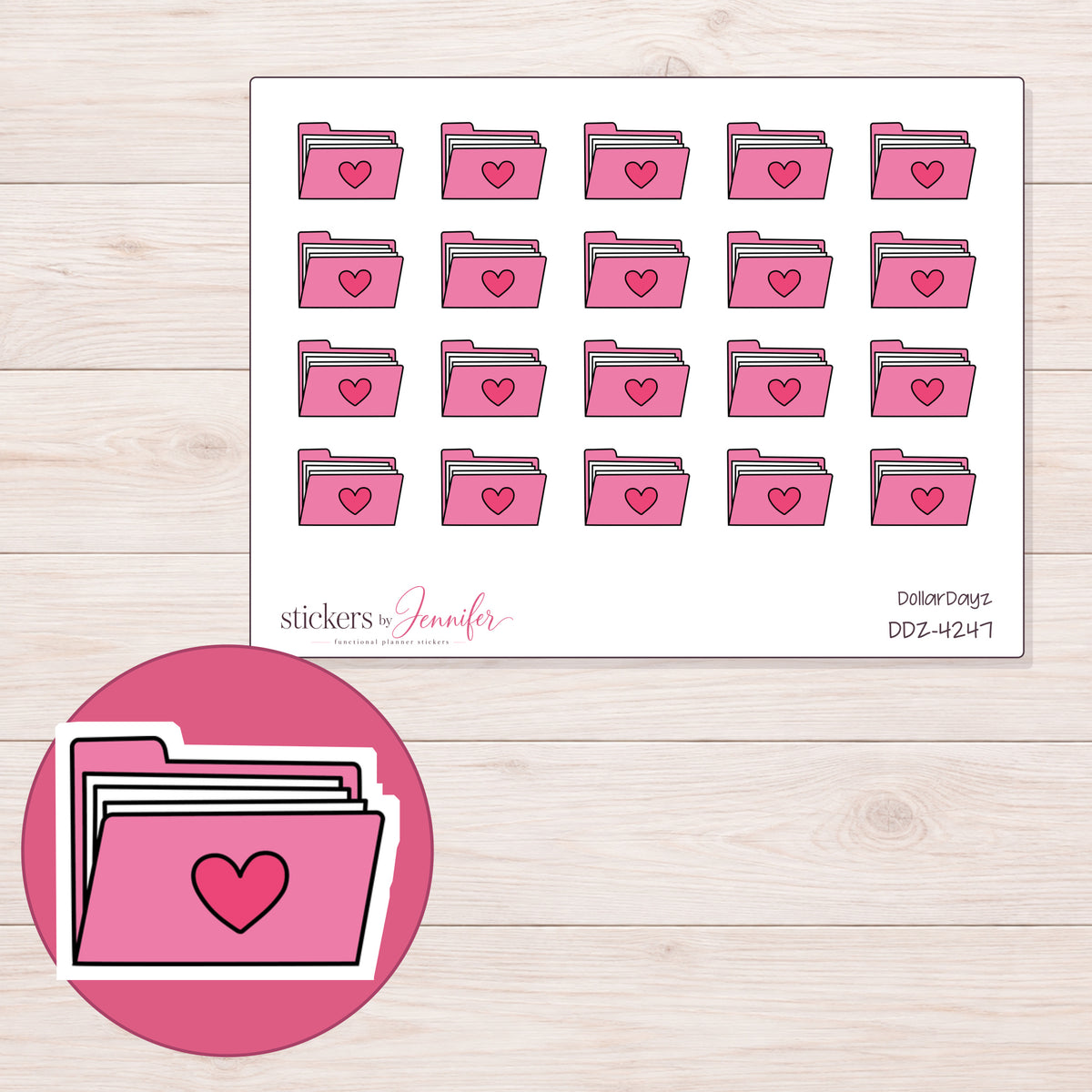Pink Heart File Folder Planner Stickers | DDZ-4247 — 4 × 3 inch sheet and enlarged sticker detail