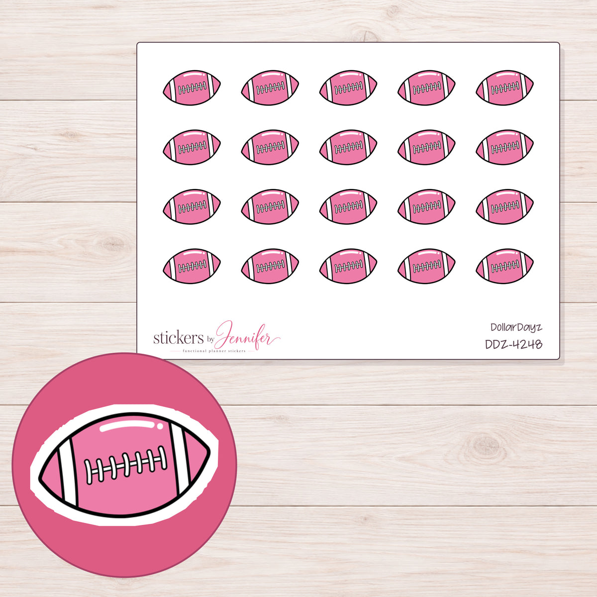 Pink Football Planner Stickers | DDZ-4248 — 4 × 3 inch sheet and enlarged sticker detail