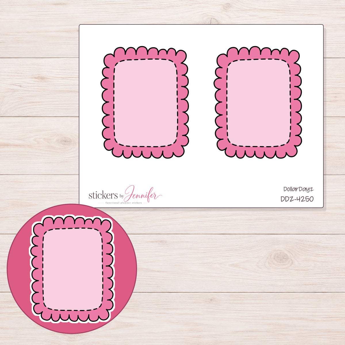 Pink Scalloped Full Box Planner Stickers | DDZ-4250 — 4 × 3 inch sheet and enlarged sticker detail