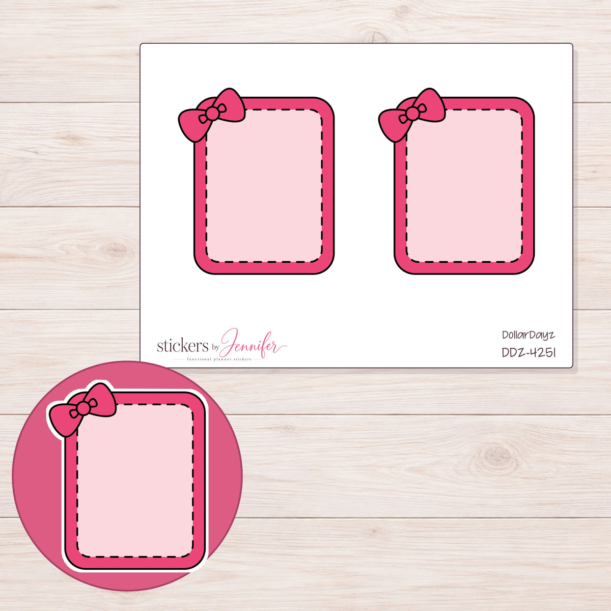 Pink Bow Full Box Planner Stickers | DDZ-4251 — 4 × 3 inch sheet and enlarged sticker detail
