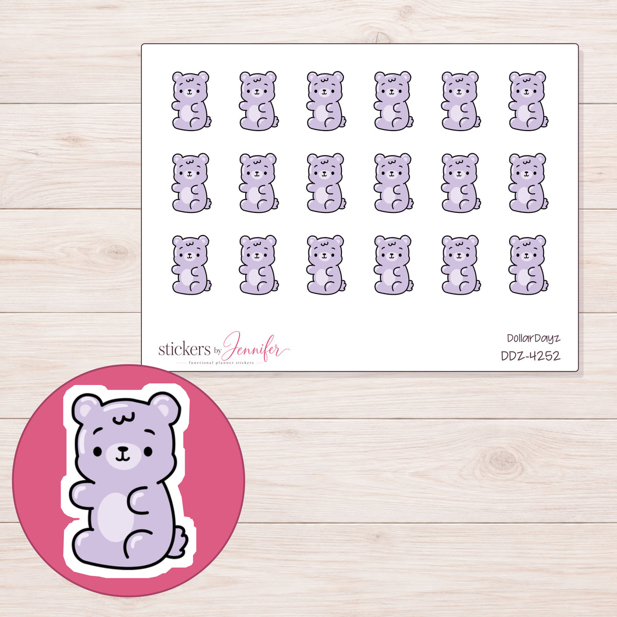 Pale Lavender Gummy Bear Planner Stickers | DDZ-4252 — 4 × 3 inch sheet and enlarged sticker detail