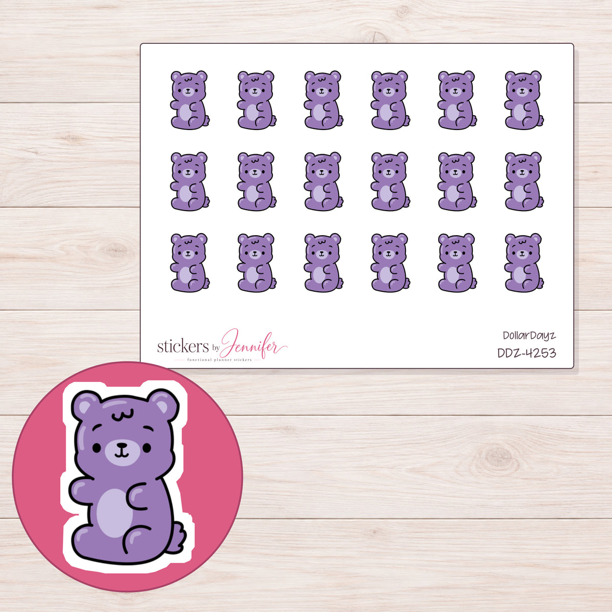Purple Gummy Bear Planner Stickers | DDZ-4253 — 4 × 3 inch sheet and enlarged sticker detail
