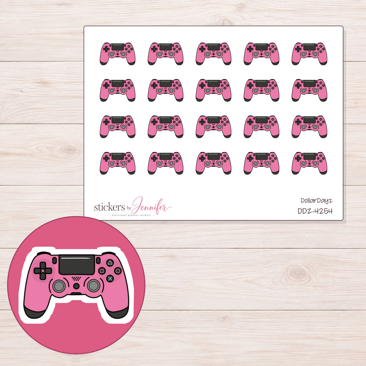 Pink Game Controller Planner Stickers | DDZ-4254 — 4 × 3 inch sheet and enlarged sticker detail