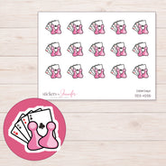 Pink Cards and Pawns Game Night Planner Stickers | DDZ-4255 — 4 × 3 inch sheet and enlarged sticker detail