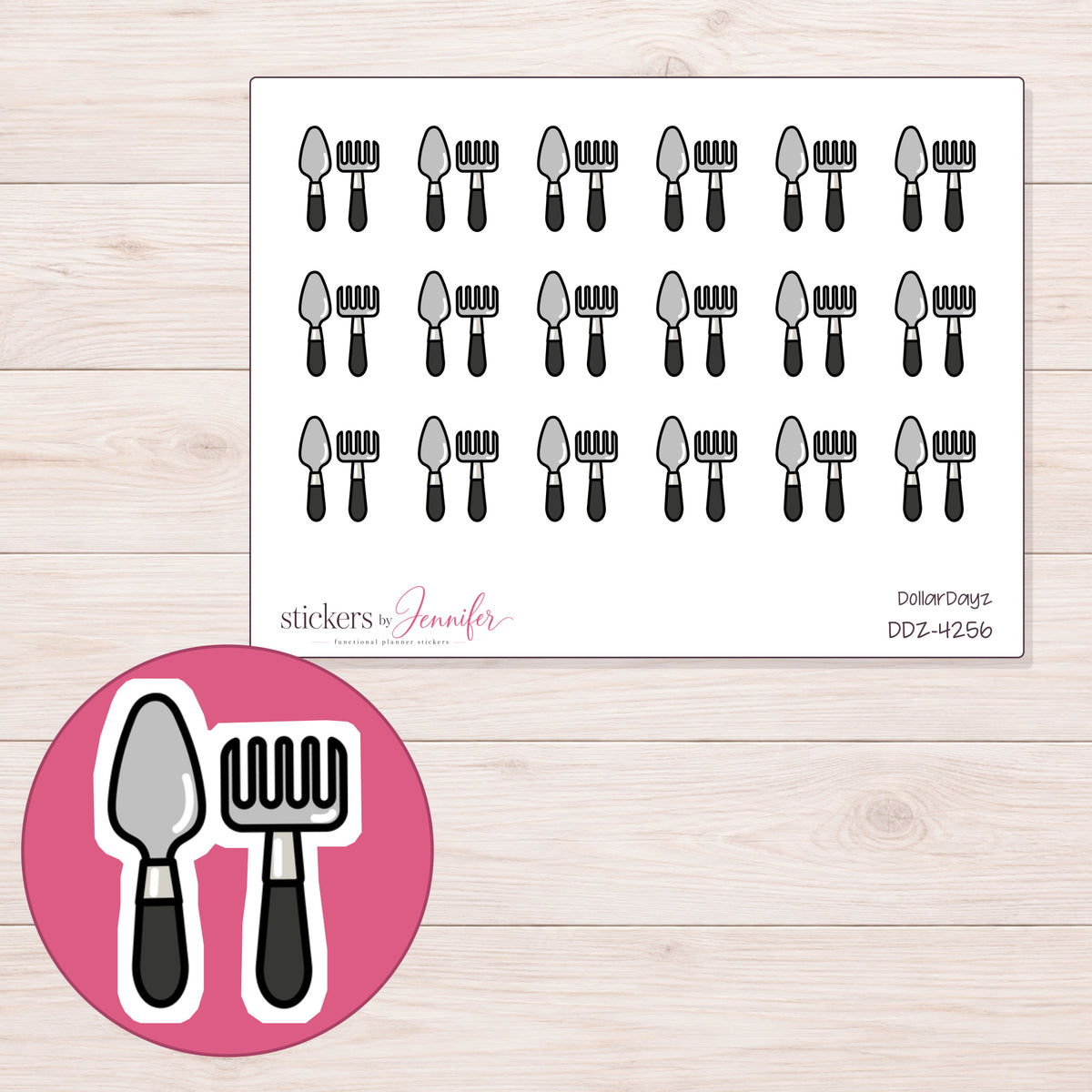 Black Gardening Tools Planner Stickers | DDZ-4256 — 4 × 3 inch sheet and enlarged sticker detail