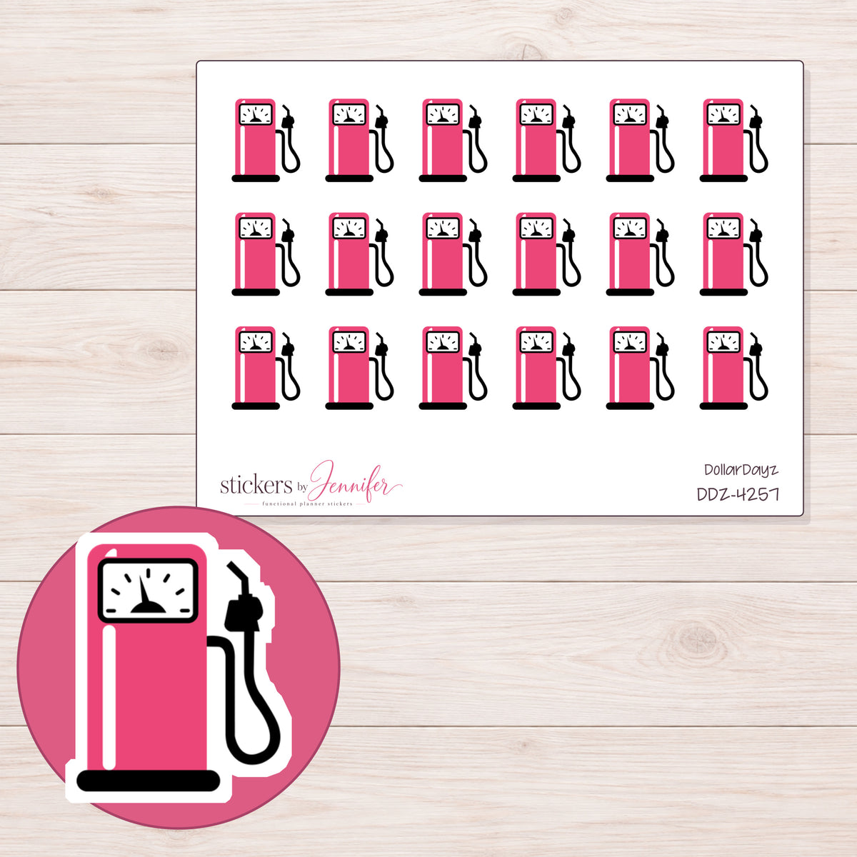 Pink Gas Pump Planner Stickers | DDZ-4257 — 4 × 3 inch sheet and enlarged sticker detail