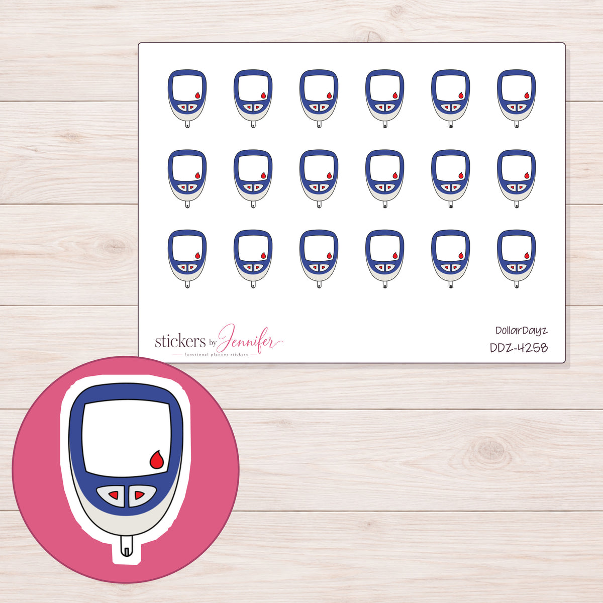Navy Blue Glucose Meter Planner Stickers | DDZ-4258 — 4 × 3 inch sheet and enlarged sticker detail