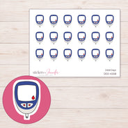 Navy Blue Glucose Meter Planner Stickers | DDZ-4258 — 4 × 3 inch sheet and enlarged sticker detail