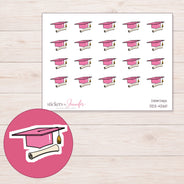 Pink Graduation Cap and Diploma Planner Stickers | DDZ-4260 — 4 × 3 inch sheet and enlarged sticker detail