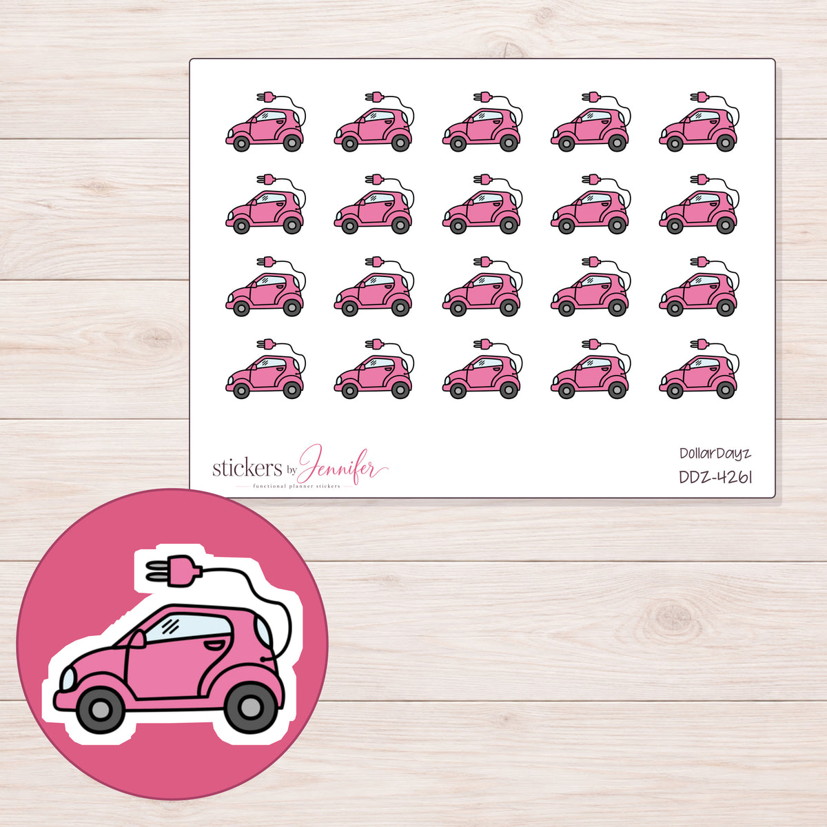 Pink Electric Car Planner Stickers | DDZ-4261 — 4 × 3 inch sheet and enlarged sticker detail