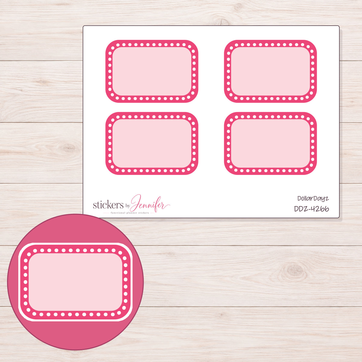 Pink Dotted Border Half Box Planner Stickers | DDZ-4266 — 4 × 3 inch sheet and enlarged sticker detail