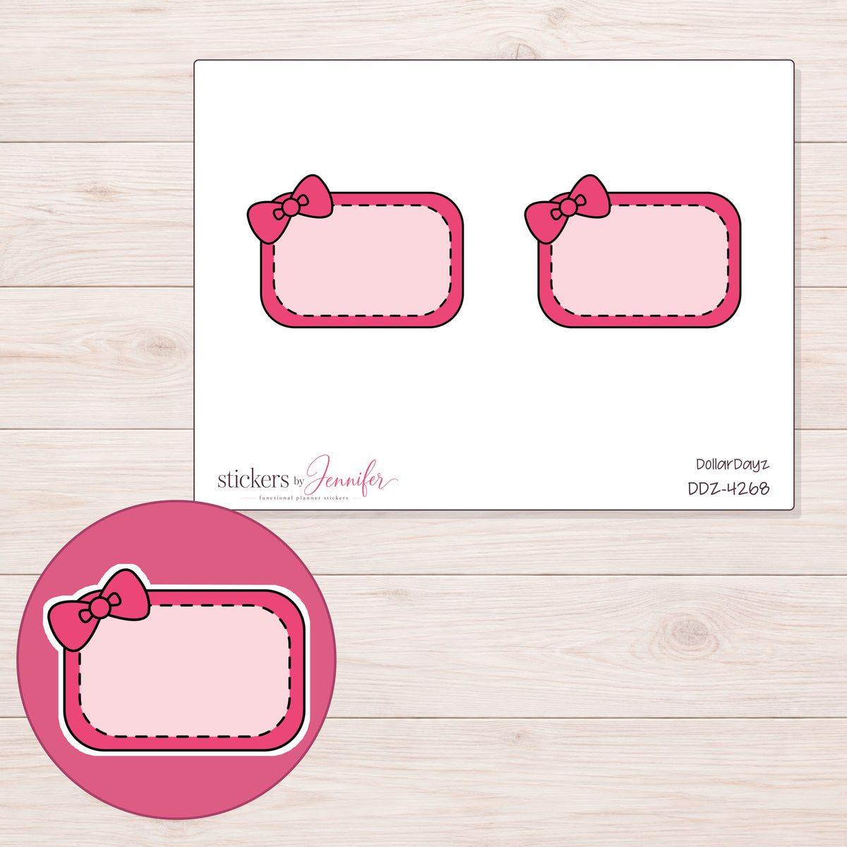 Pink Corner Bow Half Box Planner Stickers | DDZ-4268 — 4 × 3 inch sheet and enlarged sticker detail