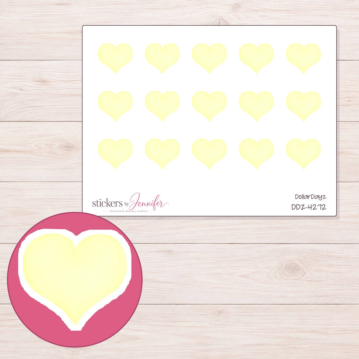 Pale Yellow Watercolor Heart Planner Stickers | DDZ-4272 — 4 × 3 inch sheet and enlarged sticker detail