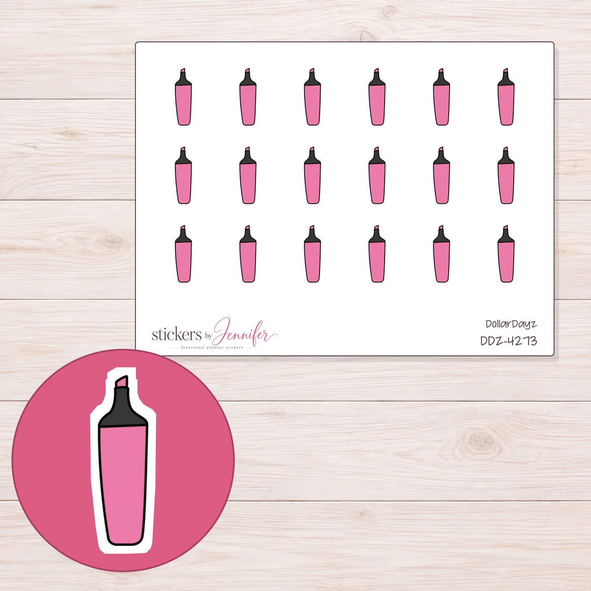 Pink Highlighter Planner Stickers | DDZ-4273 — 4 × 3 inch sheet and enlarged sticker detail