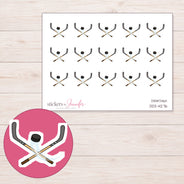 Hockey Sticks and Puck Planner Stickers | DDZ-4276 — 4 × 3 inch sheet and enlarged sticker detail
