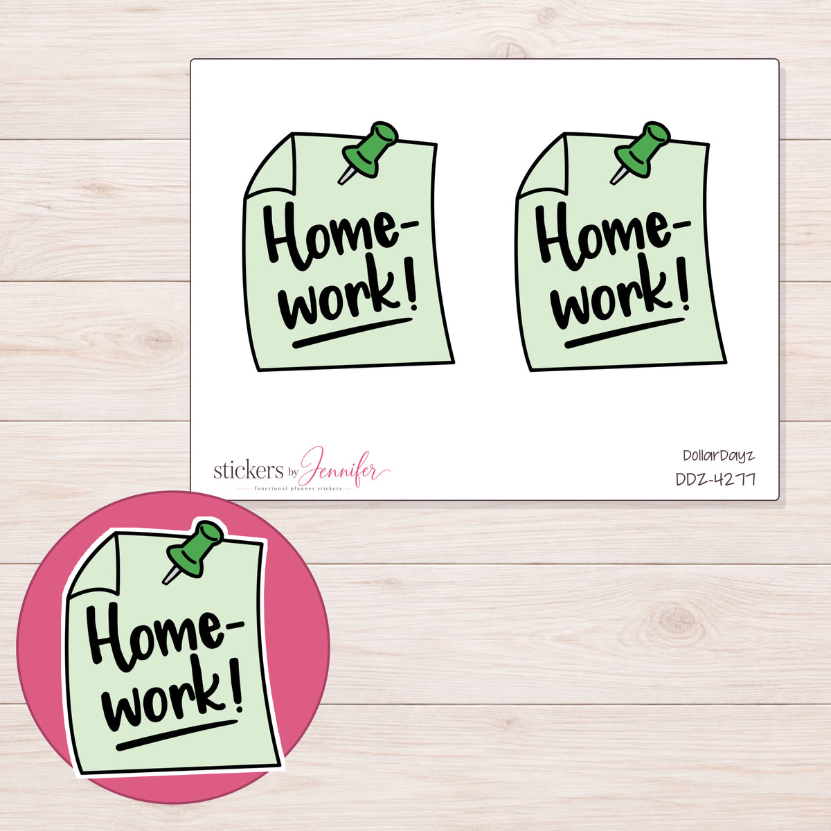 Green Homework Reminder Note Planner Stickers | DDZ-4277 — 4 × 3 inch sheet and enlarged sticker detail