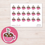 Pink Hot Chocolate Mug Planner Stickers | DDZ-4279 — 4 × 3 inch sheet and enlarged sticker detail
